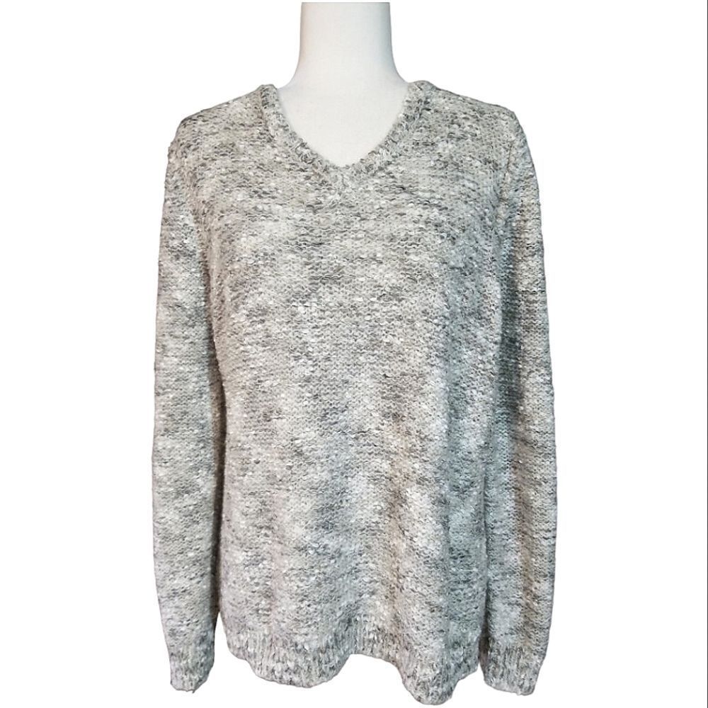 Croft&Barrow Pullover V-neck Marbled Gray and White Chunky Knit Sweater XL
